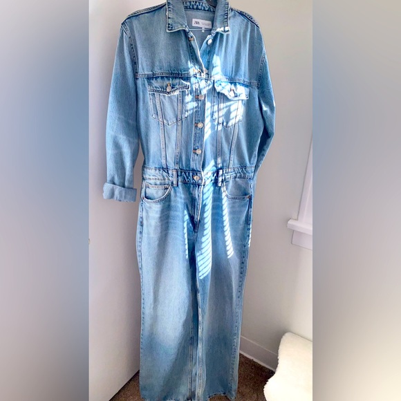 ZARA Medium Wash Denim Jumpsuit - Size XL - NEW - Picture 2 of 13